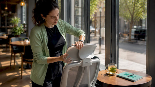 Person adjusting office chair neck headrest