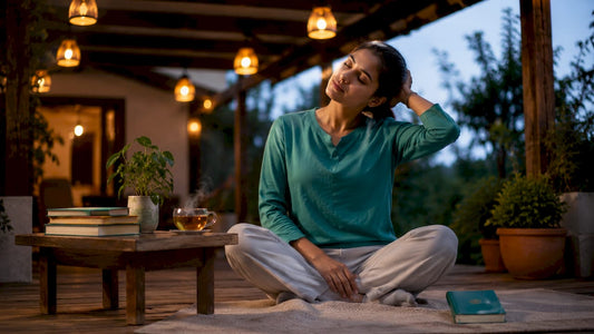Woman doing neck stretches before sleep in bedroom