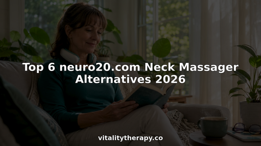 Woman using neck massager device in living room