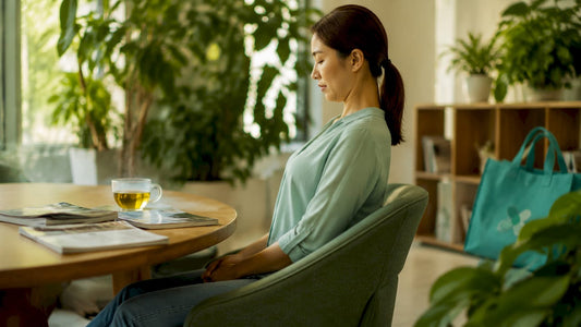 Woman doing chin tuck neck exercise at desk