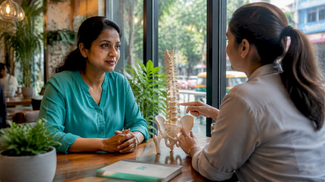 Patient consulting pain therapist about neck therapy