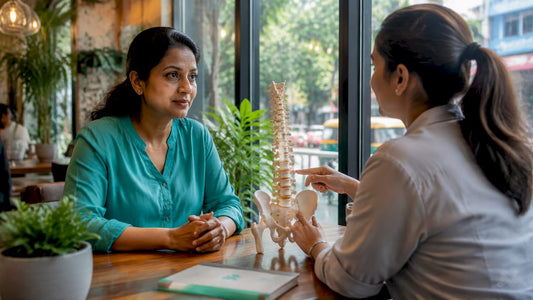 Patient consulting pain therapist about neck therapy