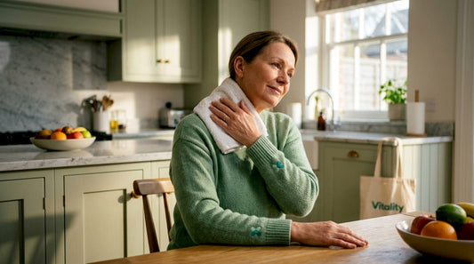 Woman using heat therapy on neck at home