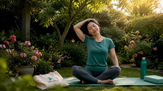 Woman performing neck stretch on couch