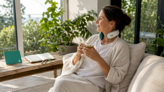Woman wearing neck therapy device at home