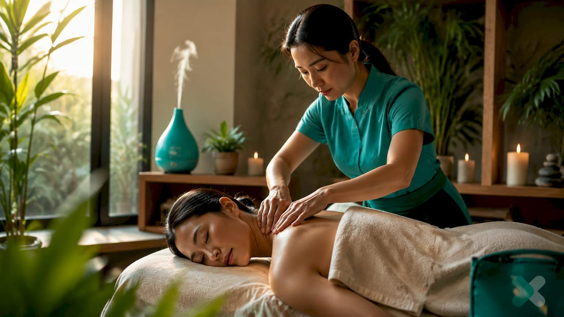 Therapist massaging sore neck muscles on patient