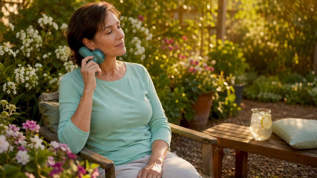 Woman using vibration therapy device on neck