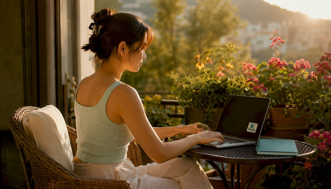 Woman typing showing shoulder muscle tension