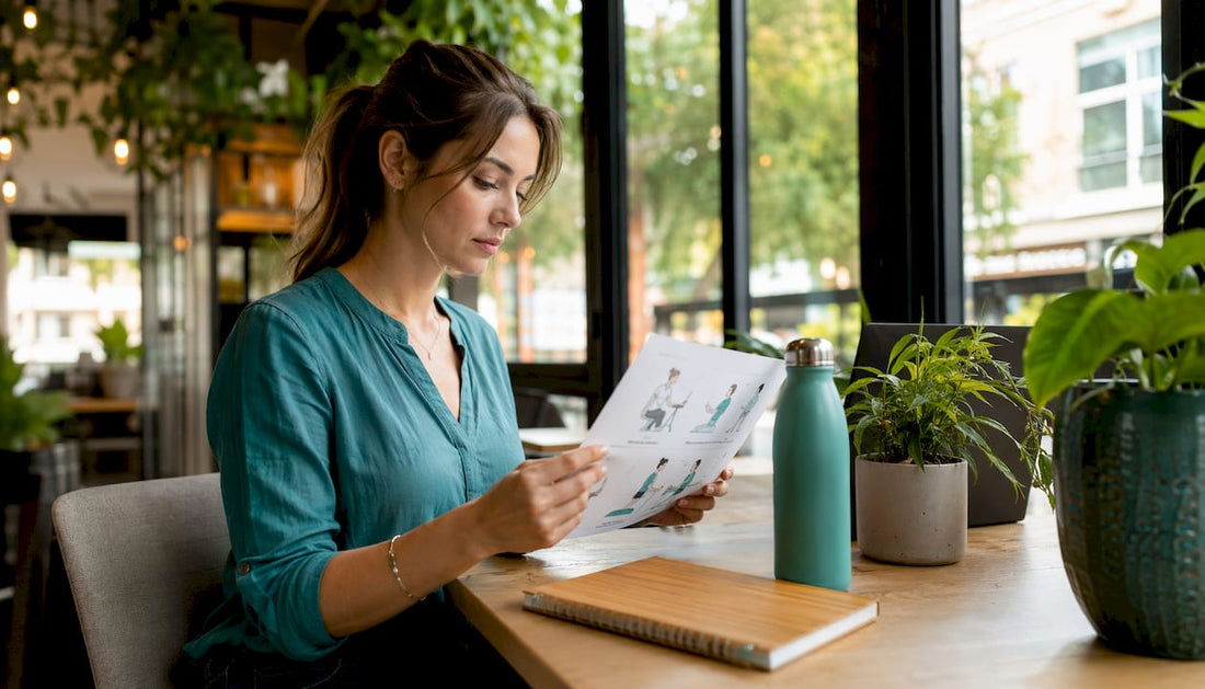 Woman demonstrating correct desk posture for neck health