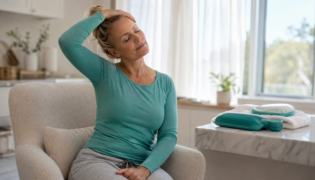 Woman gently stretching neck in living room