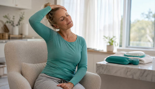 Woman gently stretching neck in living room