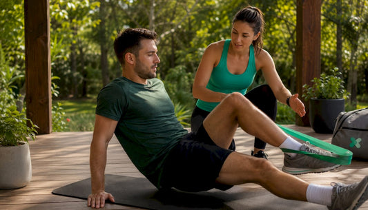 Therapist assisting athlete with leg exercises