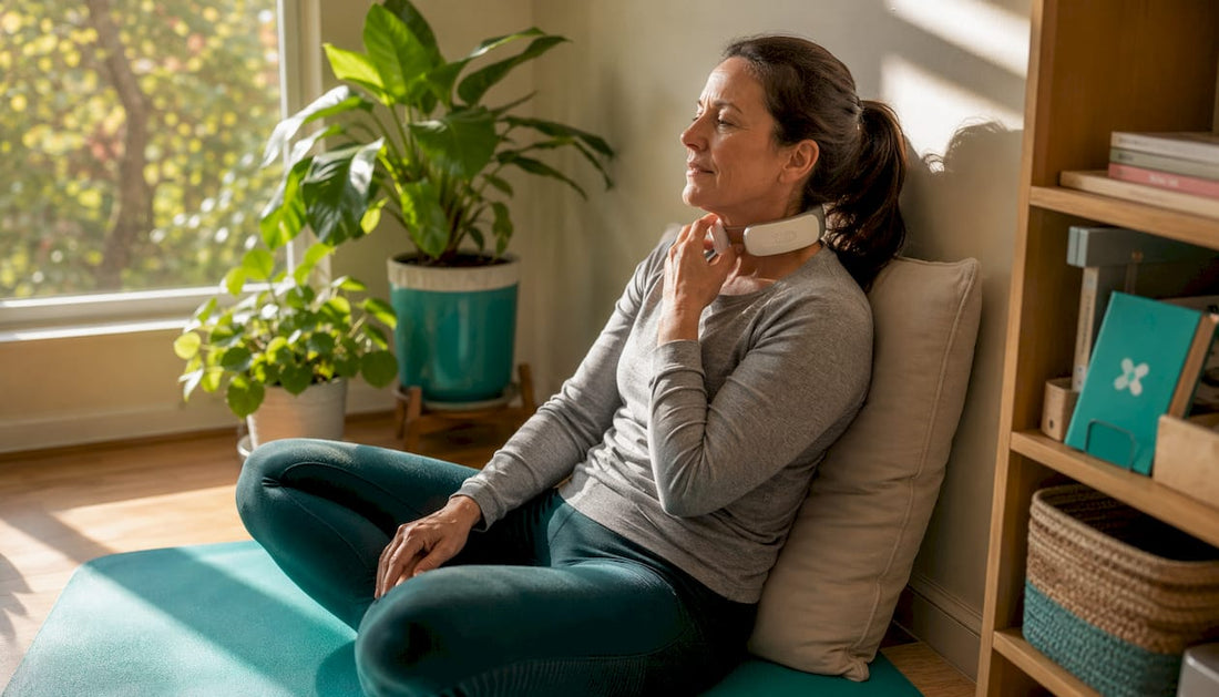Woman applying neck therapy device at home