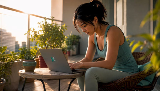 Side view of woman with forward head posture at desk