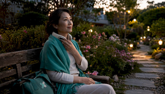 Woman using battery-powered neck therapy device
