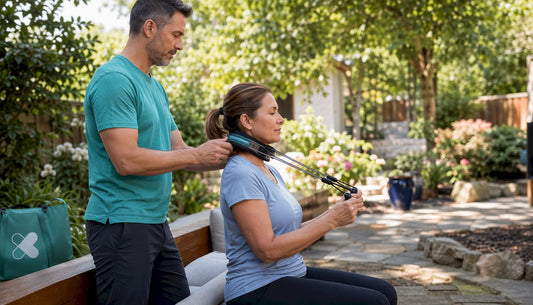 Therapist guiding patient with neck training device