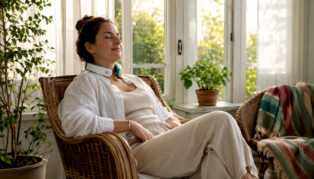 Woman using neck therapy device at home