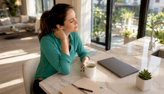 Woman relieving neck pain at home office desk