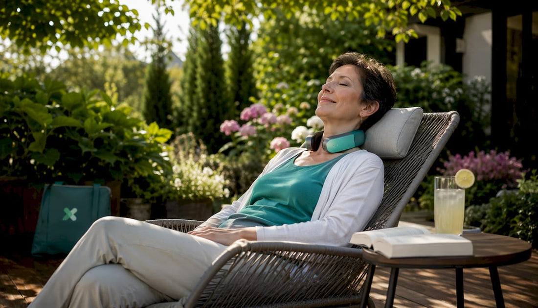 Woman using neck pain relief device at home