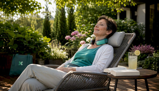 Woman using neck pain relief device at home