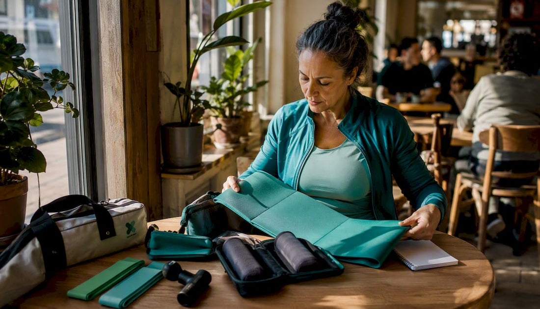 Traveler arranging compact therapy tools in airport lounge