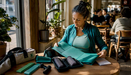 Traveler arranging compact therapy tools in airport lounge