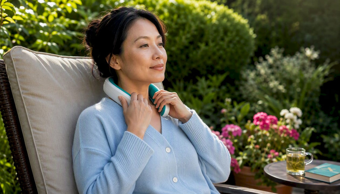 Woman using portable neck relief device at desk
