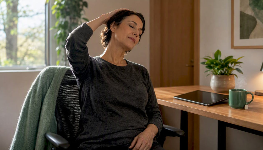 Person performing lateral neck stretch at desk