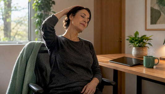 Person performing lateral neck stretch at desk
