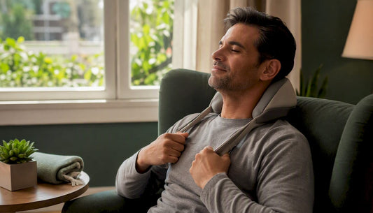 Person adjusting neck massager at home