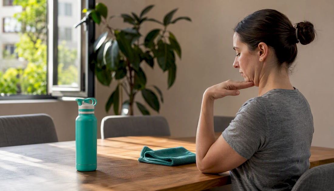 Hands performing chin tuck at ergonomic desk
