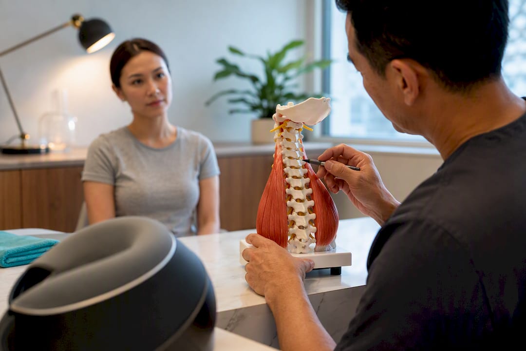 Clinician discussing safe neck therapy