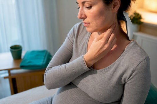 Pregnant person checking neck during therapy