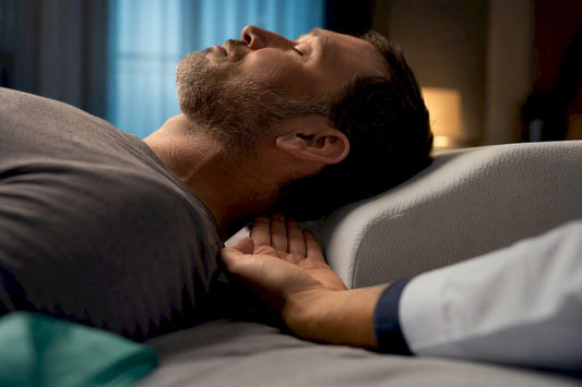 Neck resting on a contoured cervical pillow